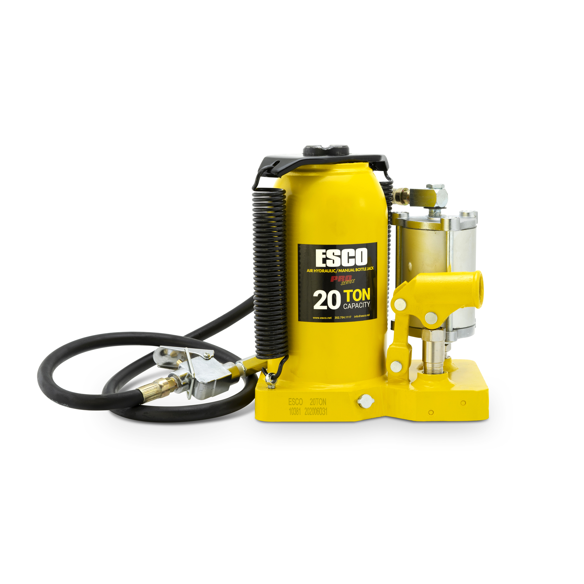 ESCO, 20 Ton Pro Series Air/Hydr Bottle Jack, Lift Capacity 20 Tons, Max. Lift Height 20 in, Min. Lift Height 10 in, Model# 10381